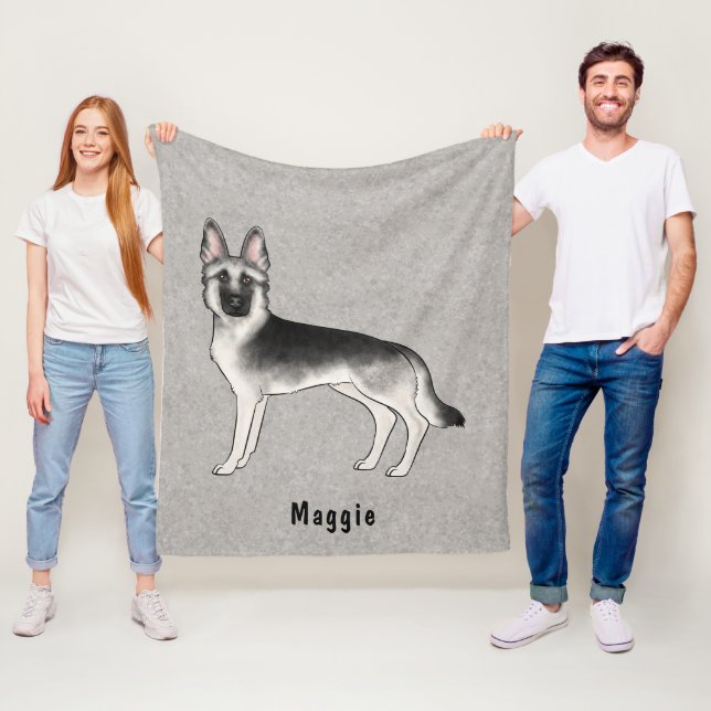 Silver Sable German Shepherd Dog With Custom Text Fleece Blanket (In Situ)