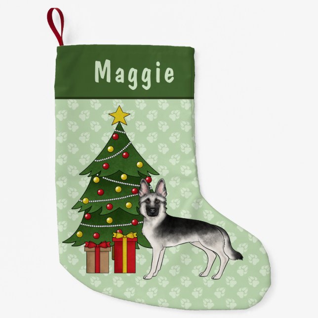 Silver Sable German Shepherd Green Christmas Tree Small Christmas Stocking (Front)