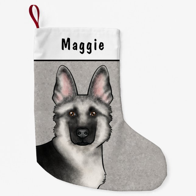 Silver Sable German Shepherd Head And Custom Name Small Christmas Stocking (Front)