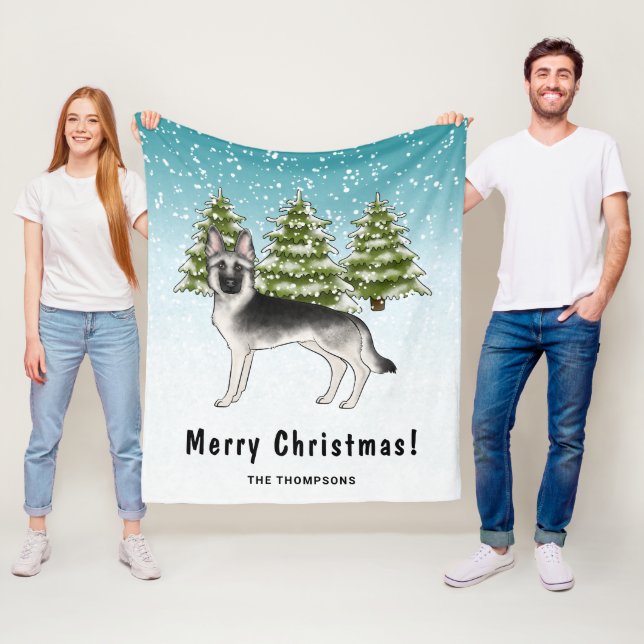 Silver Sable German Shepherd In Winter With Name Fleece Blanket (In Situ)