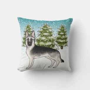 Silver Sable German Shepherd Snowy Winter Forest Cushion