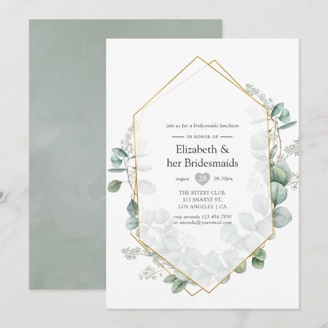 Silver Sage Eucalyptus Geometric Bridesmaids Lunch Invitation (Front/Back)