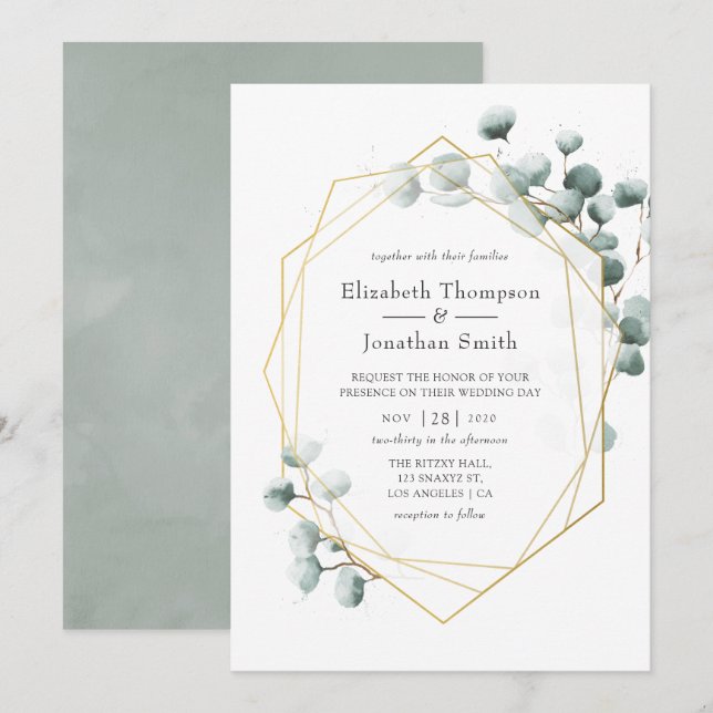 Silver Sage Eucalyptus Geometric Wedding Invitation (Front/Back)