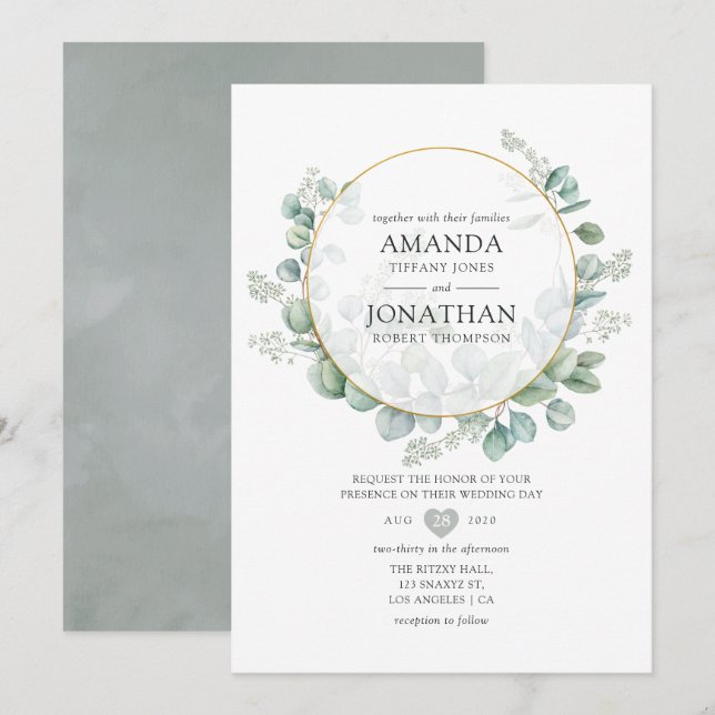 Silver Sage Eucalyptus Geometric Wedding Invitation (Front/Back)