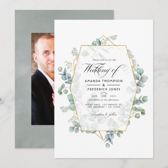 Silver Sage Eucalyptus Geometric Wedding Photo Invitation (Front/Back)