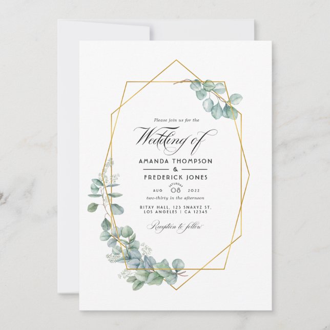 Silver Sage Geometric Eucalyptus Wedding Photo Invitation (Front)