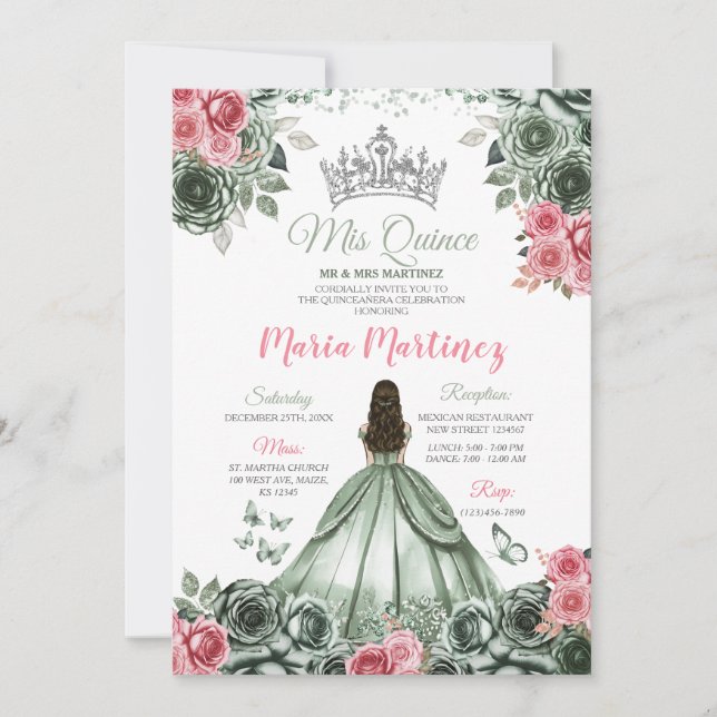 Silver Sage Green and Pink Princess Mis Quince Invitation (Front)