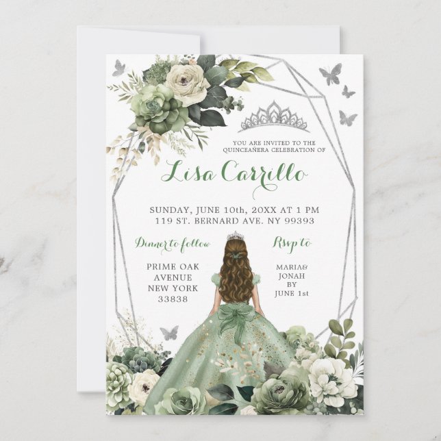 Silver Sage Green Princess Butterfly Quinceañera Invitation (Front)