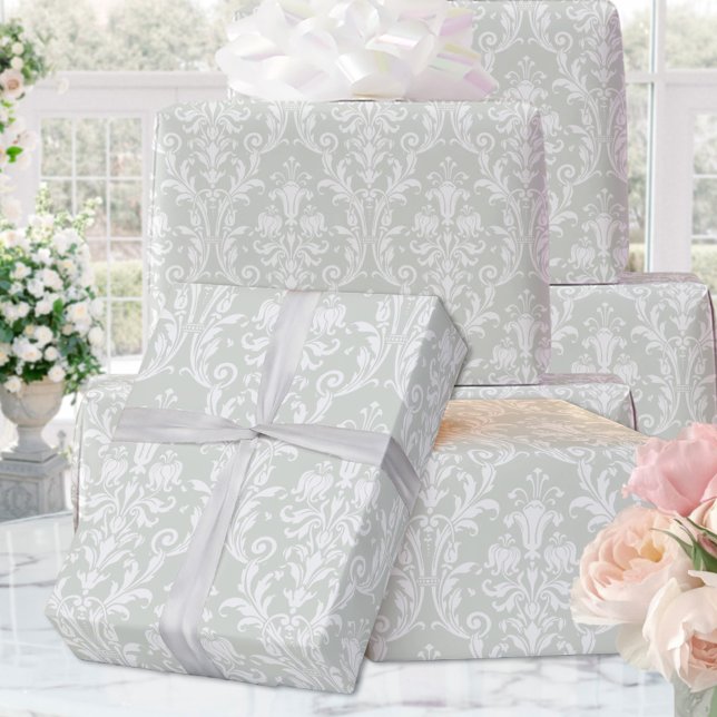 Silver Sage Green White Damask Elegant Wedding Wrapping Paper (Creator Uploaded)