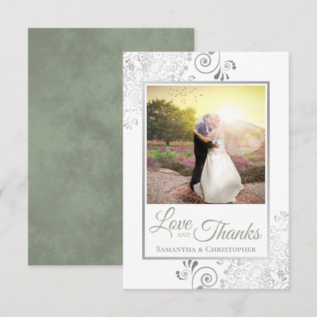 Silver & Sage Green White Love & Thanks Wedding Thank You Card (Front/Back)