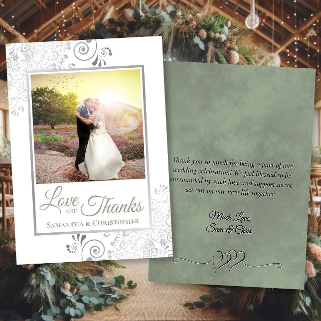 Silver & Sage Green White Photo & Note Wedding Thank You Card (Front/Back)