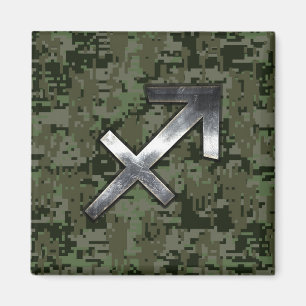 Silver Sagittarius Sign on Woodland Digital Camo Magnet