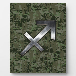 Silver Sagittarius Sign on Woodland Digital Camo Plaque