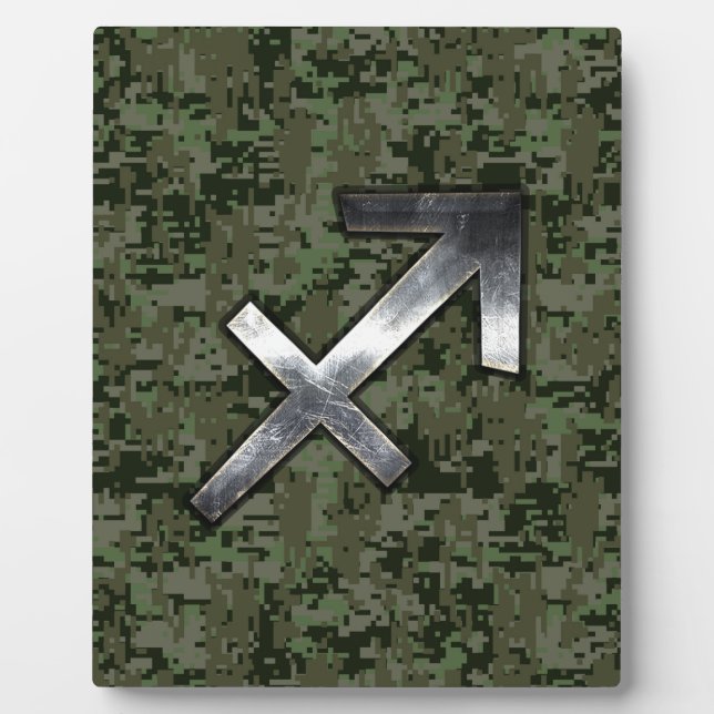 Silver Sagittarius Sign on Woodland Digital Camo Plaque (Front)