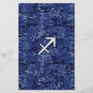 Silver Sagittarius Zodiac Sign Navy Digital Camo Stationery