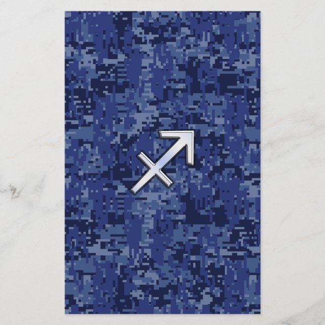 Silver Sagittarius Zodiac Sign Navy Digital Camo Stationery (Front)