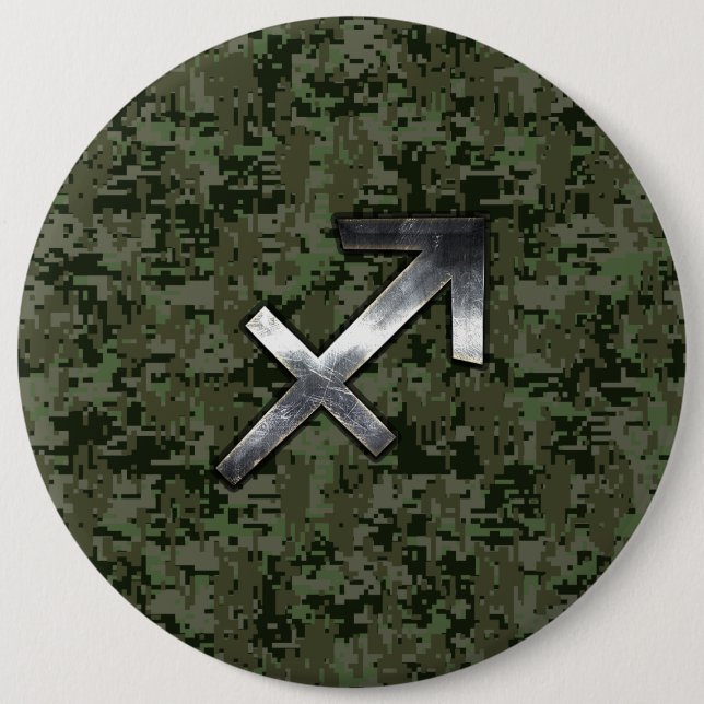 Silver Sagittarius Zodiac Woodland Digital Camo 6 Cm Round Badge (Front)