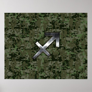 Silver Sagittarius Zodiac Woodland Digital Camo Poster