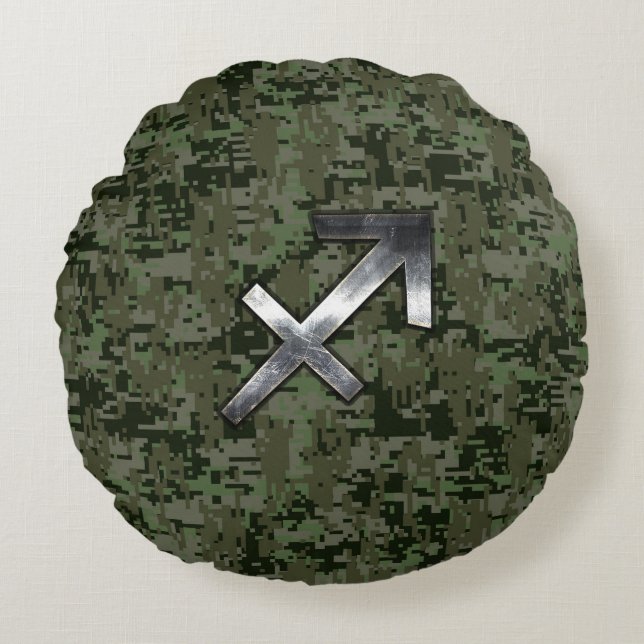 Silver Sagittarius Zodiac Woodland Digital Camo Round Cushion (Front)