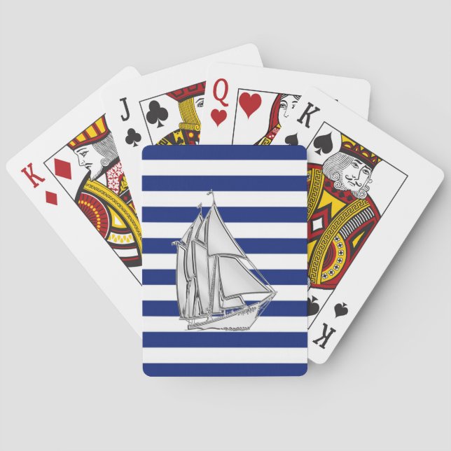 Silver Sailboat on Nautical Blue Stripes Playing Cards (Back)