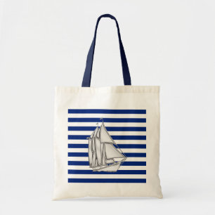 Silver Sailboat on Nautical Blue Stripes Tote Bag