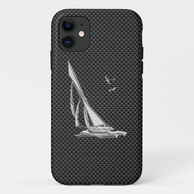 Silver Sailboat Regatta on Carbon Fibre Case-Mate iPhone Case (Back)