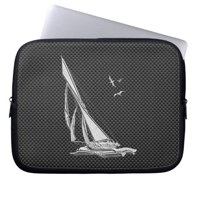 Silver Sailboat Regatta on Carbon Fibre Laptop Sleeve (Front)