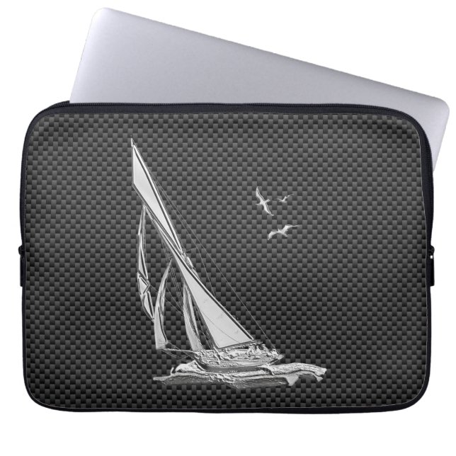 Silver Sailboat Regatta on Carbon Fibre Laptop Sleeve (Front)