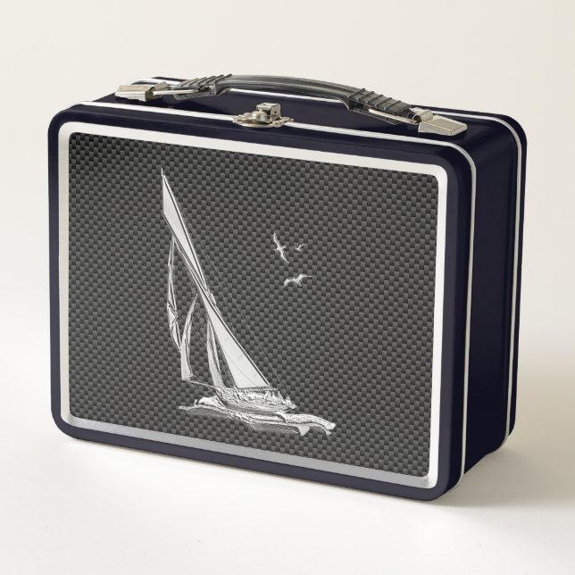 Silver Sailboat Regatta on Carbon Fibre Metal Lunch Box (Front)