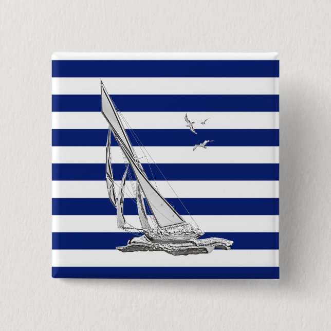 Silver Sailing on Nautical Stripes 15 Cm Square Badge (Front)