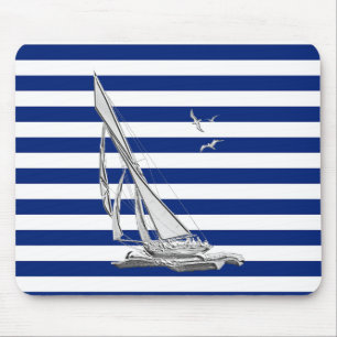 Silver Sailing on Nautical Stripes Mouse Mat
