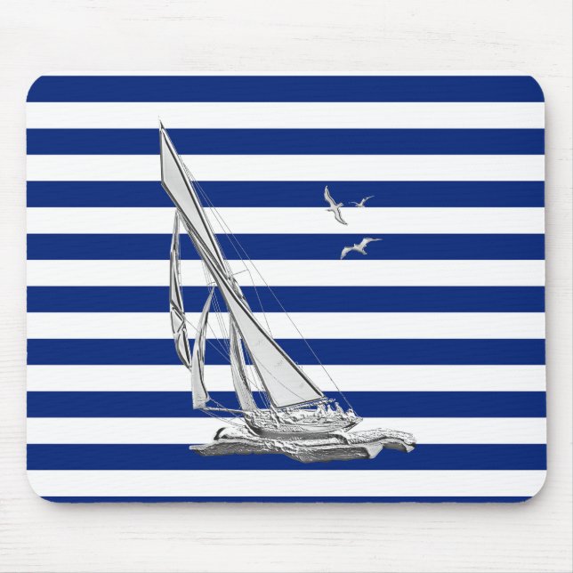 Silver Sailing on Nautical Stripes Mouse Mat (Front)