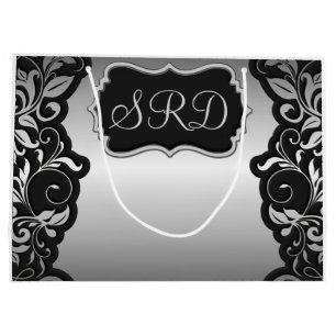 Silver Satin Flourish black & grey personalise Large Gift Bag