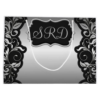 Silver Satin Flourish black & grey personalise Large Gift Bag