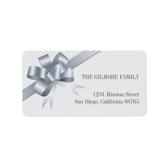 Silver satin gift bow ribbon holiday address label (Front)