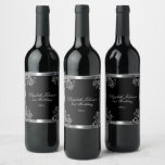 Silver Satin Glitter Scroll 21st Birthday  Wine Label<br><div class="desc">Pretty silver satin on black adorned with silver glitter leafy scrolls.  Customise text and font to your event or occasion. Perfect for Wedding,  Anniversary,  Engagement celebrations.</div>