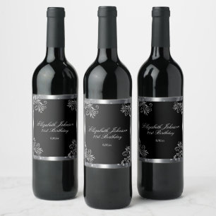 Silver Satin Glitter Scroll 21st Birthday  Wine Label