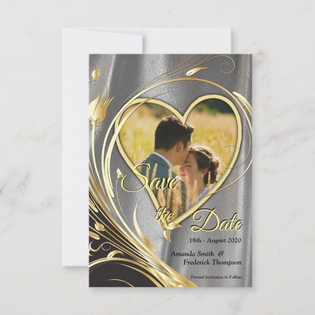 Silver satin  & Gold flower splendour Save The Date (Front)