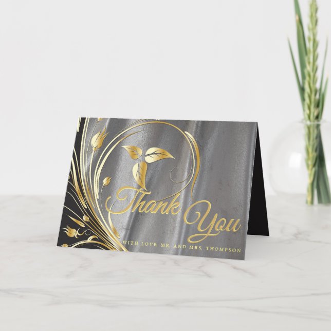 Silver satin  & Gold flower Thank You Card (Front)