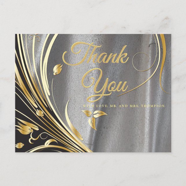 Silver satin  & Gold flower  Thank You Postcard (Front)