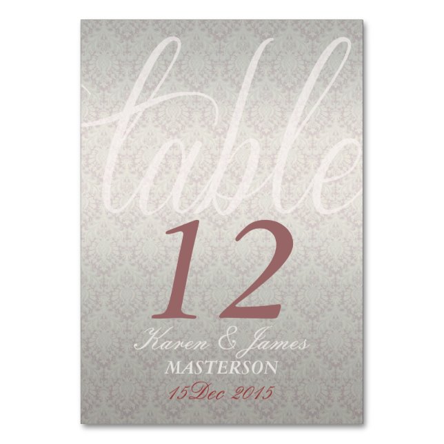 Silver Satin Rose Damask  Stylish Decor Table Card (Front)