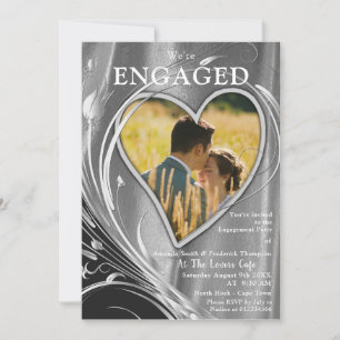 Silver Satin  & Silver flower Engagement Invitation