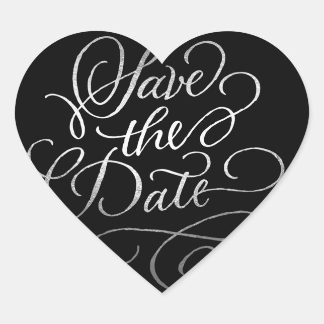 Silver Save the Date on Any Colour Invitation Heart Sticker (Front)