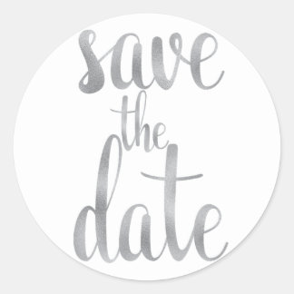 Silver save the date stickers, foil font classic round sticker
