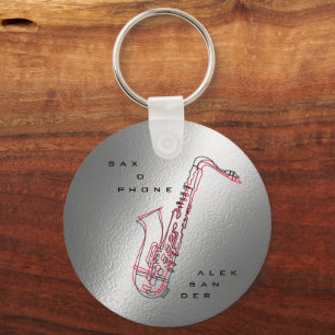 Silver Saxophone Illustration Modern Saxophonist Key Ring