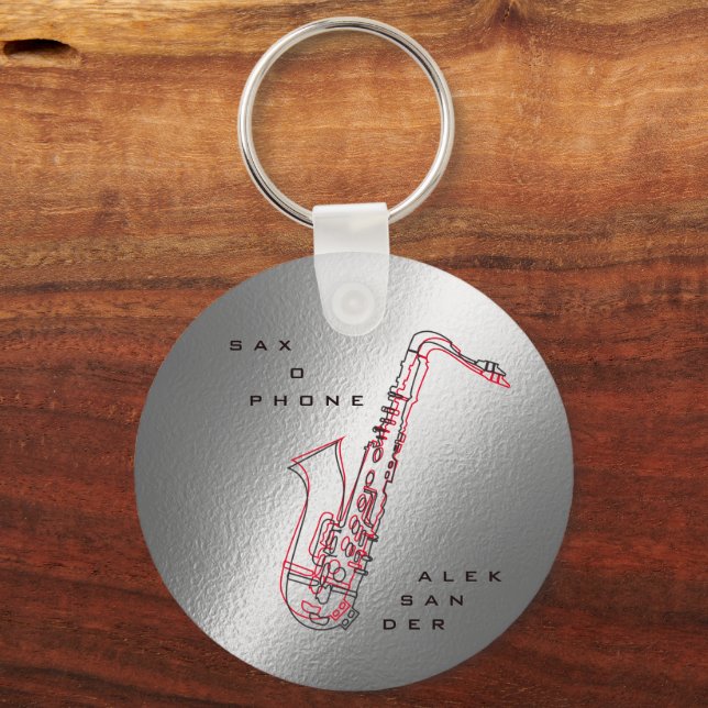 Silver Saxophone Illustration Modern Saxophonist Key Ring (Front)