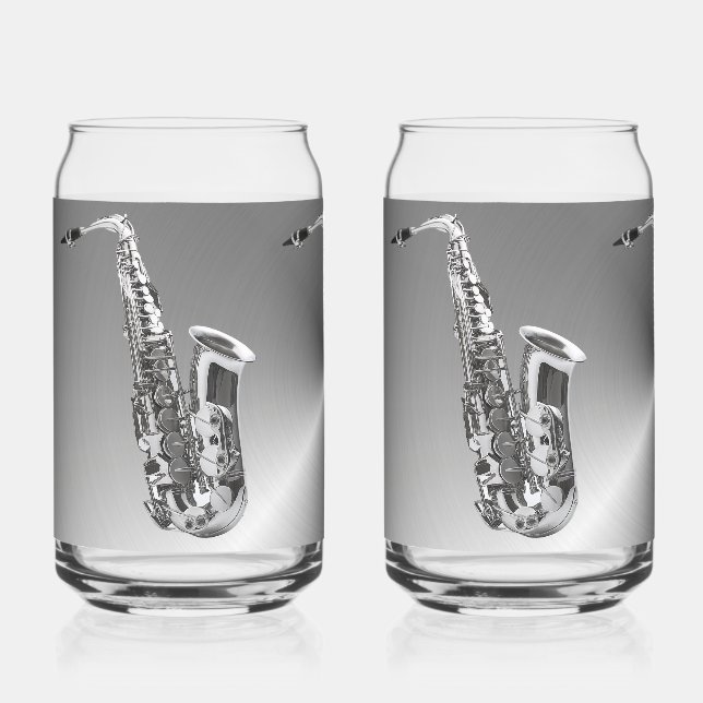 Silver Saxophone Printed 16oz Can Glasses (Front)