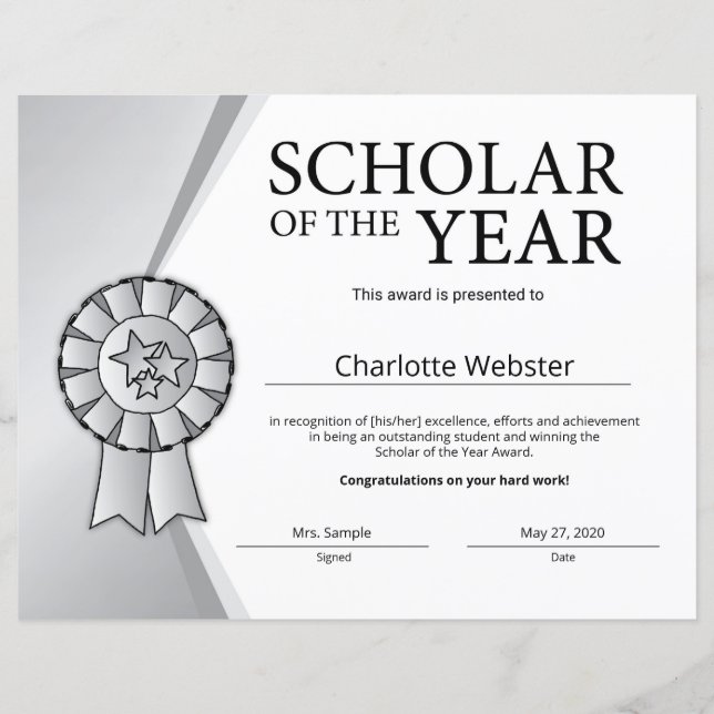 Silver Scholar of the Year Award Honour Certificat (Front)