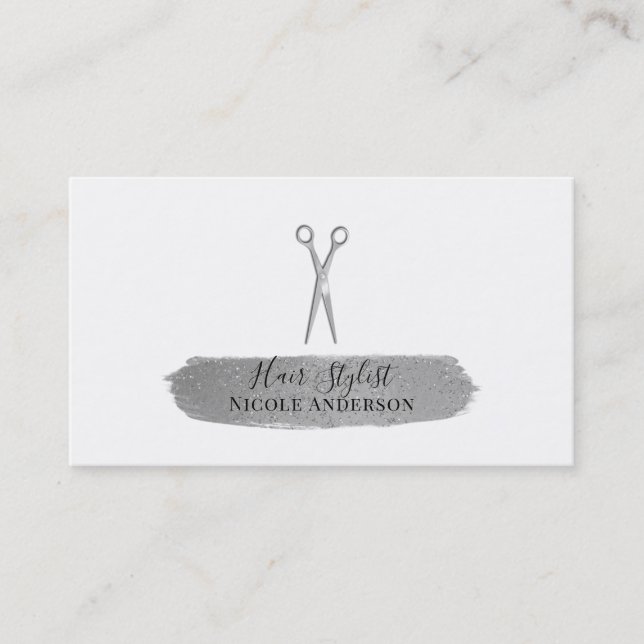 Silver Scissor Glitter Brush Chic Hair Stylist Business Card (Front)