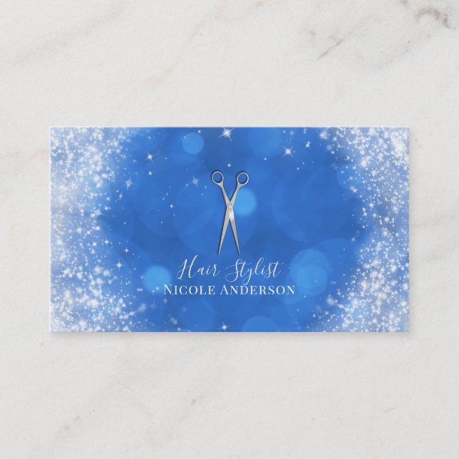 Silver Scissors Fairy Tale Blue Hair Stylist Business Card (Front)